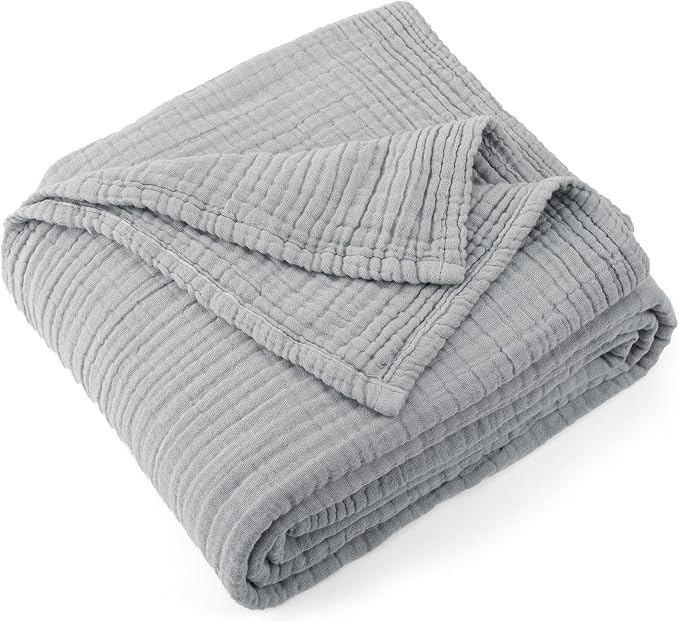 Carriediosa 100% Cotton Muslin Throw Blanket 108" X 90" King Size，4-Layers Summer Gauze Throws for Bed Couch，Soft Lightweight Breathable Linen Blankets Bedspread for Adults All Season，Grey