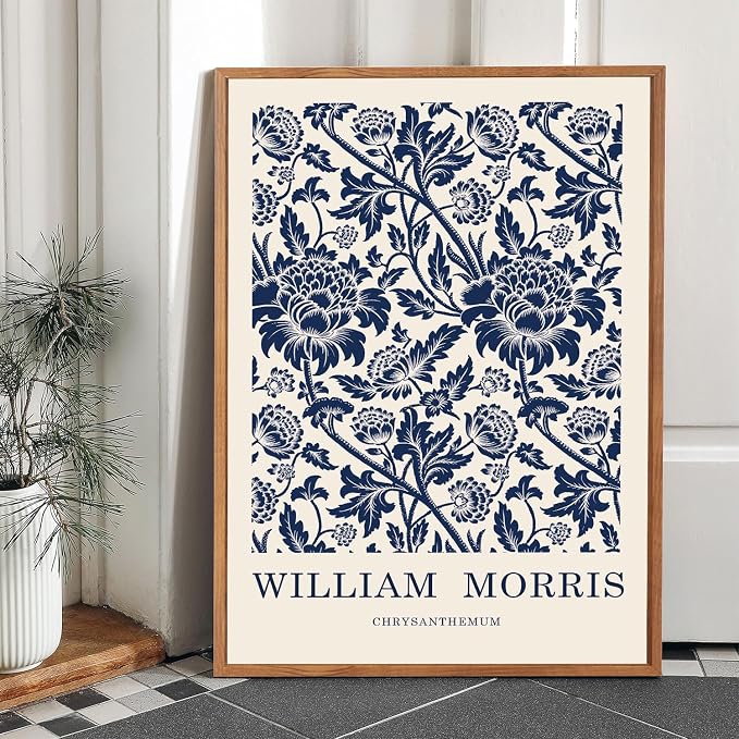 LHIUEM WILLIAM MORRIS Blue and White Picture Wall Decor,Vintage Wall Art Flowers Theme,Neutral Navy Blue White Tones Framed Prints,Scandinavian Cream Canvas Decor,Boho Botanical Art for Home-24”X36”X3