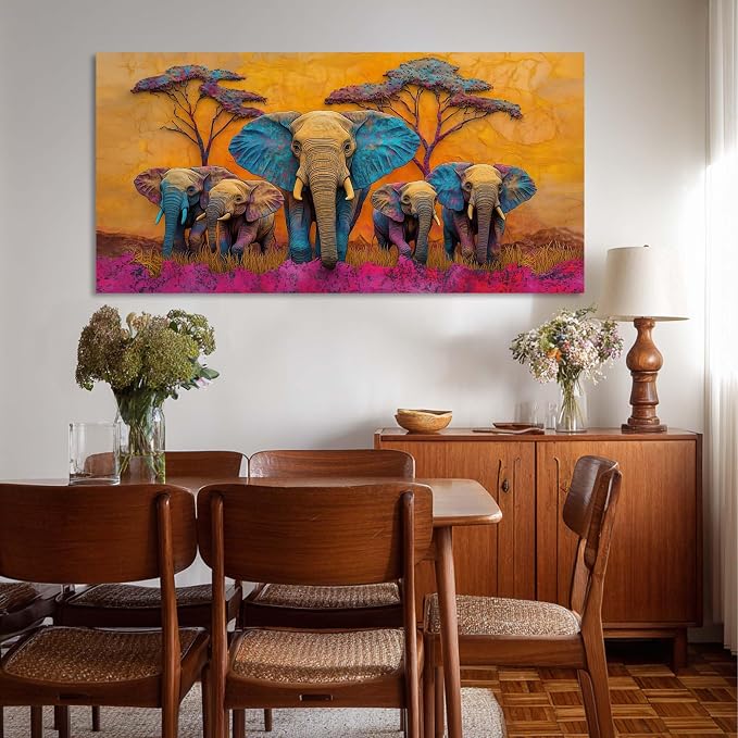 Ggaafet Colorful Elephant Wall Art for Living Room Canvas Painting Prints Beautiful Cute African Purple Surreal Art Deco Modern Artwork Office Bedroom Family Dining Room Decor Extra Large