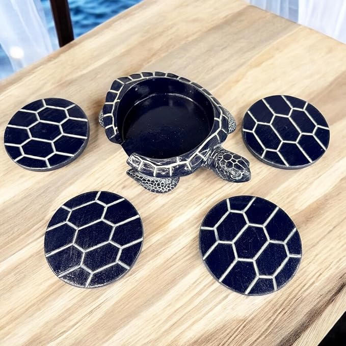 Sea Turtle Coaster Set - Coastal Ocean Beach Decor - Rustic Nautical Navy Blue and White Finish