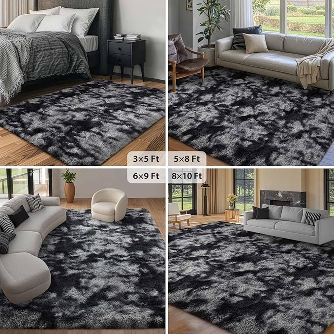 FinRèc 9x12 Feet Rugs for Living Room Bedroom, Soft Dark Grey Fluffy Area Rug, Non-Slip Solid Shag Rug for Nursery Kids Room Dorm Room Home Decor, Indoor Floor Carpet