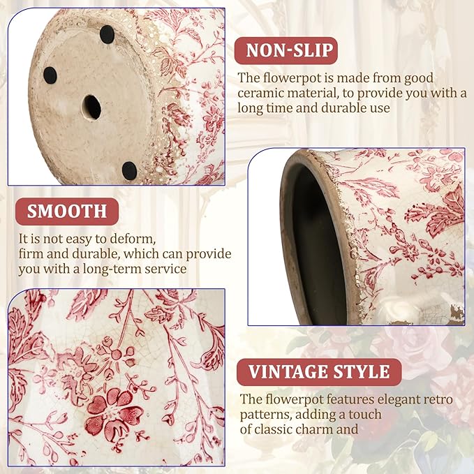 Ceramic Scroll Planter 6.5 Inch Chinoiserie Floral Vase with Drainage Holes Vintage Flower Vase Flower Pot Rustic Ceramic Pots for Indoor Plants Garden Home Bookshelf Decor(Retro Pink)