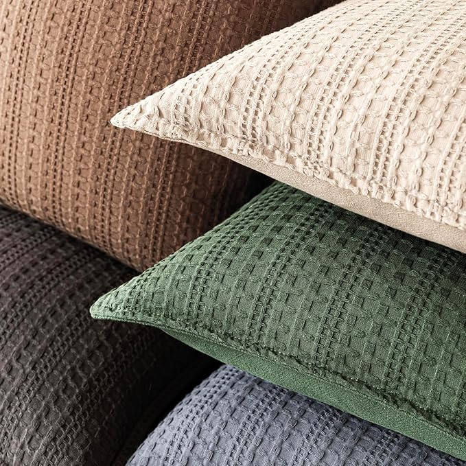 Foindtower Set of 2 Decorative Cotton Waffle Weave Throw Pillow Covers Euro Shams Cushion Covers Accent European Pillowcase for Bed Couch Sofa Bedroom Living Room Home Decor 18×18 Inch Dark Green