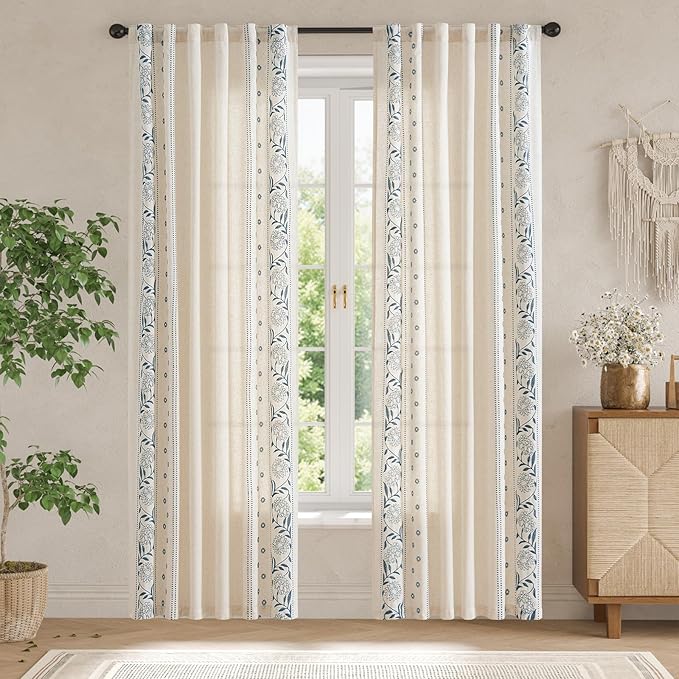 jinchan Winslow Linen Curtains for Bedroom 90 Inches Length Embroidered Bordered Floral Curtains for Living Room Farmhouse Decor Light Filtering Window Treatments Blue on Beige Drapes 2 Panels