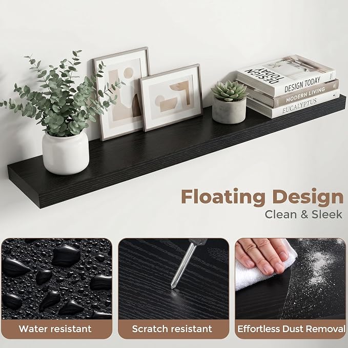 Venusmiles Floating Shelves for Wall, 40 Inch Floating Shelves Set of 2, 6.5" D Wooden Wall Mounted Display Shelves with Invisible Brackets for Living Room, Bedroom, Bathroom, Kitchen Decor, Black
