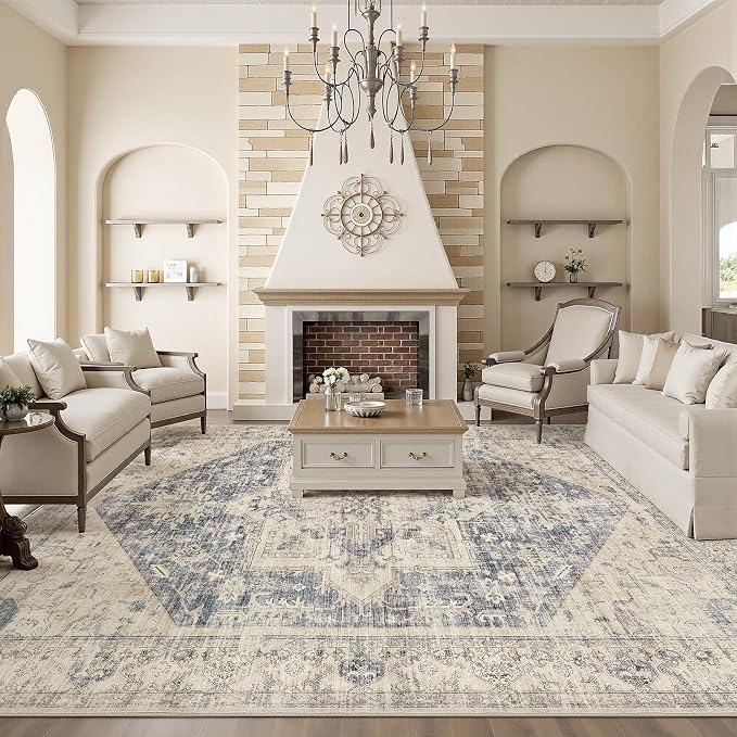 9x12 Area Rugs for Living Room - Large Carpet Ultra Thin Soft Washable Oriental Vintage Floral Distressed Big Indoor Carpets for Bedroom Nursery Dorm Home Decor Aesthetic - Blue Beige
