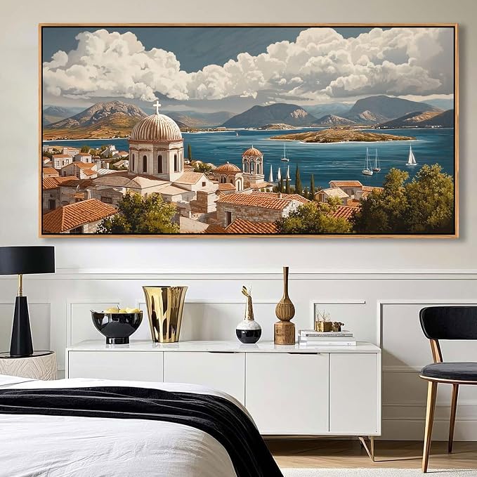 YDYSUNE Large Wall Art Framed Costal Wall Decor Retro Ocean Canvas Decor Sailboat Painting Village Seascape Artwork for Living Room Bedroom Dining Decoration Size 29x58 Inches