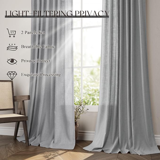 Jowels Grey Linen Curtains 90 Inch Long 2 Panels for Living Room | Gray Light Filtering Sheer Curtain, Back Tab Pocket Pleated Look, Boho Farmhouse Textured Privacy Drapes for Bedroom Window