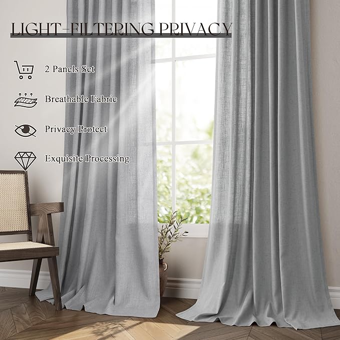 Jowels Grey Linen Curtains 102 Inch Long 2 Panels for Living Room | Gray Light Filtering Sheer Curtain, Back Tab Pocket Pleated Look, Boho Farmhouse Textured Privacy Drapes for Bedroom Window