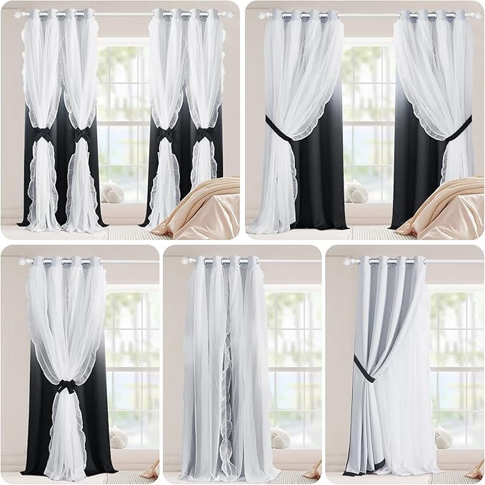 PONY DANCE Ruffle Curtains Double Layers Gradient Decoration with Sheer Overlay, French Country Rustic Design Window Covering with Tiebacks, 52" Wide x 84" Long, Ombre-Black, 2 Panels
