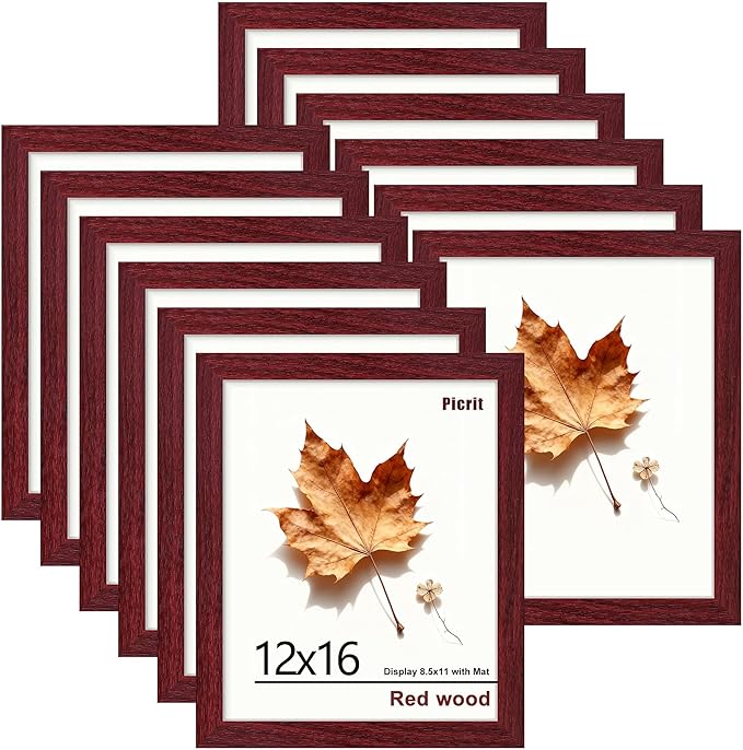 Picrit 12x16 Picture Frame Set of 12, Display 8.5x11 with Mat or 12x16 without Mat, Photo Frames for Wall Mounting Display, Dark Red Wood