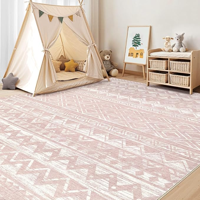 cotiled 5x7 Area Rug Living Room: Washable Boho Rugs with Non Slip Backing Large Soft Indoor Stain Resistant Carpet for Bedroom Farmhouse Dining Room Lightweight Home Decor Lotus Pink