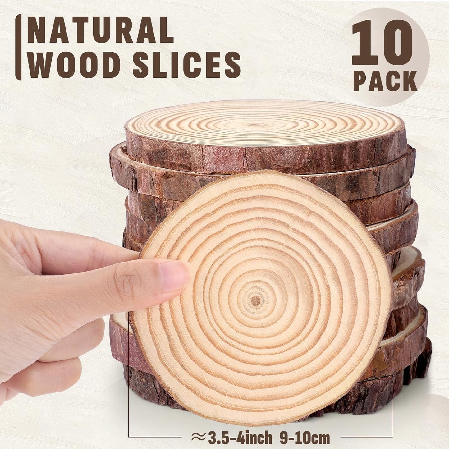 FUMILE Unfinished Natural Wood Slices 3.5-4 Inch, 10 PCS Round Wooden Discs with Tree Bark, Wood Rounds for Crafts Christmas Ornaments, Wood Circles for Rustic Wedding Decoration