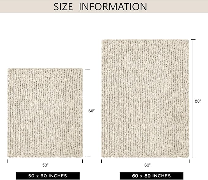 Chunky Knit Throw Blanket 60x80, 100% Handmade Chenille Yarn | 6.7lbs Soft Thick Cable Knitted Blankets, Large Rope Knot Crochet Throws for Couch Sofa Bed Machine Washable, Light Beige
