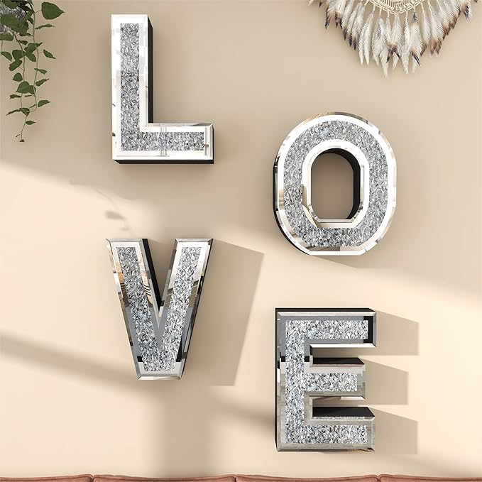 SHYFOY Love Letter Sign Living Room Decor, Mirrored Love Home Decoration for Tabletop & Wall-mount, Crystal Diamond Decorative Wall Mirrors Set for Wedding Centerpiece, Independent (4 PCS)