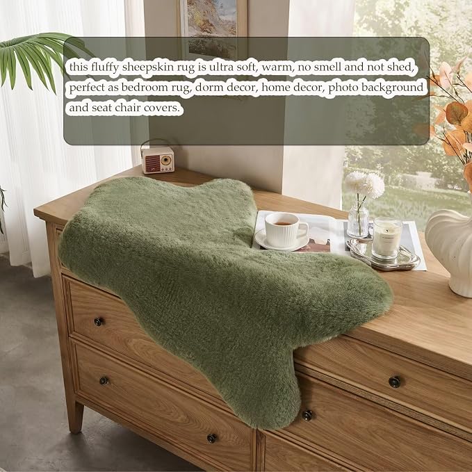 1700GSM Fuzzy Faux Sheepskin Fur Area Rug,Extra Soft Faux Fur Mat,Fluffy Shaggy Fur Rug for Bedroom Living Bedside Rug Room Decor-Sage Green, 2 x3 ft