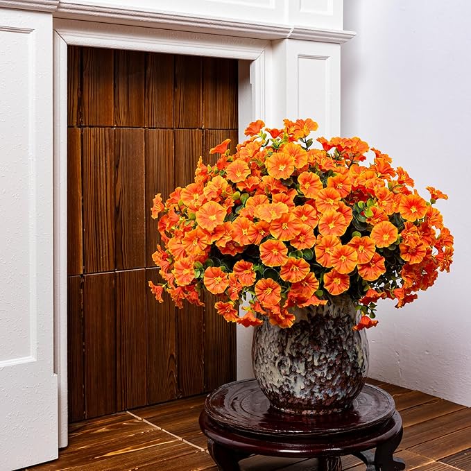 Nigirior Artificial Faux Flowers for Outdoor 16 Bundles Boxwood Fake Morning Glory for Planter,UV Resistant Fake Flowers for Home Porch Patio Outside（Orange）