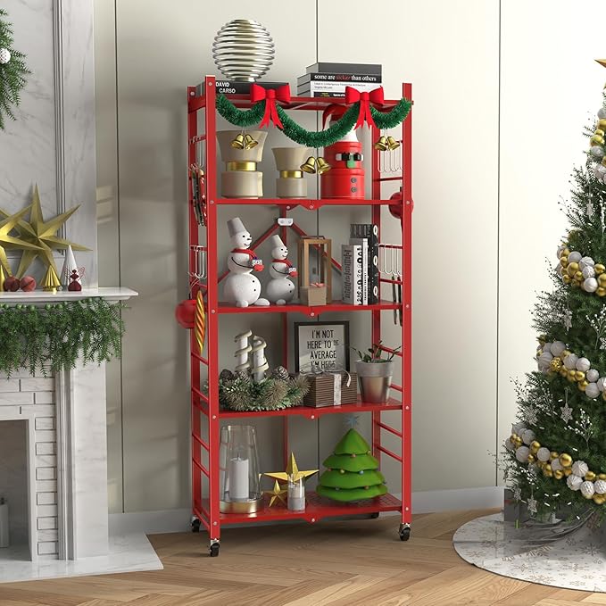Himix Storage Shelves with 20 Hooks, 5-Tier Foldable Shelves for Storage, Folding Utility Shelf Unit Pantry Shelf with Wheels, Metal Shelving Unit Rack for Garage Christmas Room, Red - No Assembly