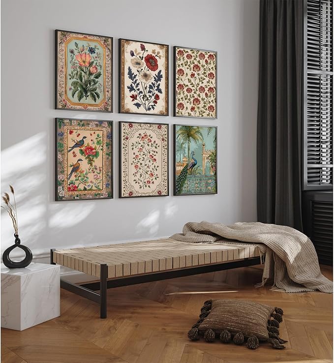 Indian Wall Art Vintage Floral Canvas Poster India Wall Decor Folk Flower Prints Scandinavian Pictures Antique Botanical Painting Gallery Artwork for Bedroom Living Room 12x16 Inch Unframed Set of 6