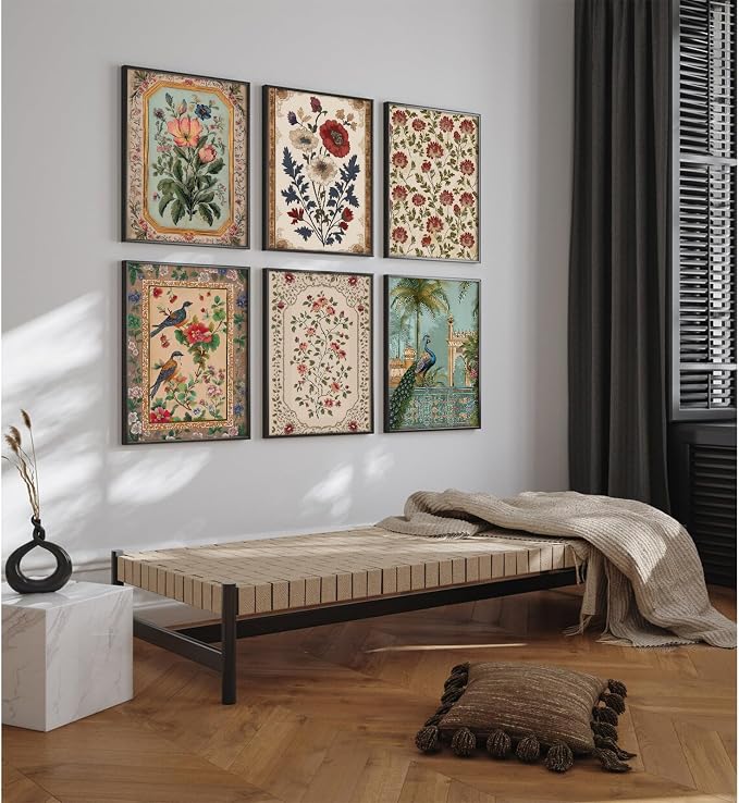Indian Wall Art Vintage Floral Canvas Poster India Wall Decor Folk Flower Prints Scandinavian Pictures Antique Botanical Painting Gallery Artwork for Bedroom Living Room 8x10 Inch Unframed Set of 6