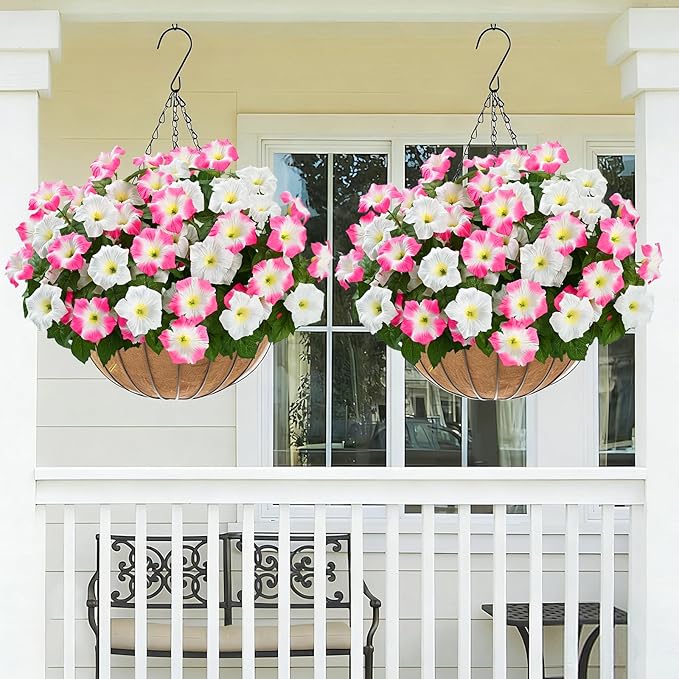 MARTINE MALL Artificial Flowers for Outdoors, 4 Bundles Realistic Fake Outdoor Flowers, UV Resistant Silk Petunia Flower for Outside Look Real Faux Flower Plants for Outdoor Porch Decor, Pink White