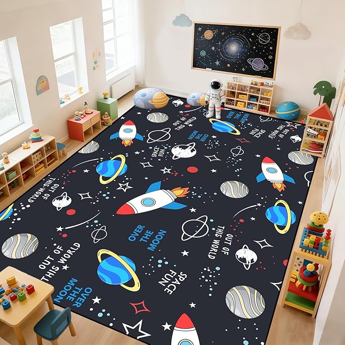 Space Rug 5x7 Feet Solar System Rug for Kids Bedroom Non Slip Educational Area Rugs with Planet Rocket Pattern Playroom Rugs for Boy Room Nursery Washable Classroom Carpet Outer Space Decor