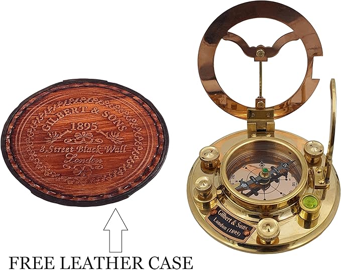 Personalized Engraved Antique Brass & Copper Sundial Compass, Sundial Clock in Leather Box Gift Sun Clock Ship Replica Watch
