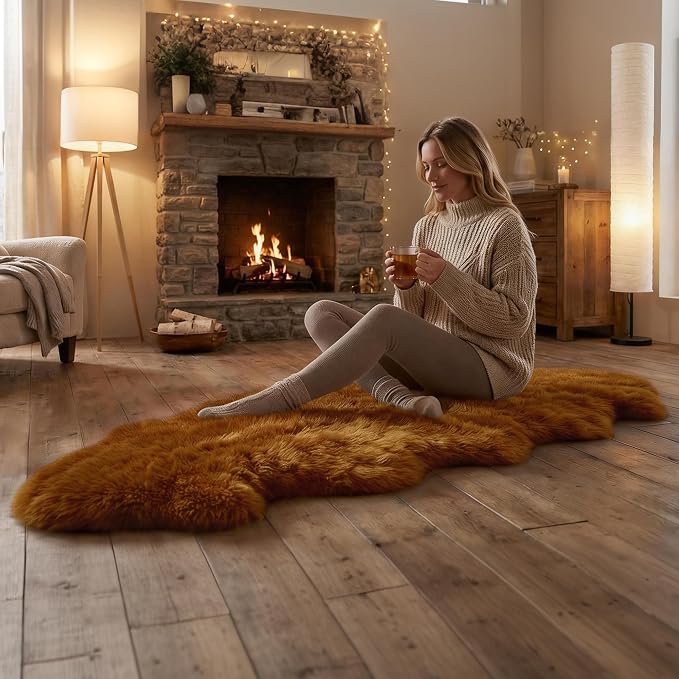 Premium Genuine Sheepskin Area Ruge - Real Wool Fur Shaggy Carpet | Fluffy Soft Natural Lambskin Rug Seat Chair Covers for Couch Sofa Bedroom Living Room(Brown,2×6 Feet Sheepskin)