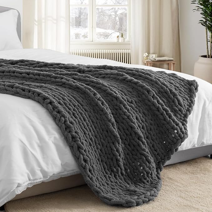 Chunky Knit Throw Blanket 60x80, 100% Handmade Chenille Yarn | 6.7lbs Soft Thick Cable Knitted Blankets, Large Rope Knot Crochet Throws for Couch Sofa Bed Machine Washable, Dark Grey