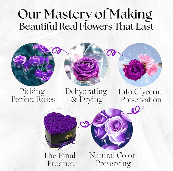 GLAMOUR BOUTIQUE 27 Flower Forever Heart Shape Box, Eternal Preserved Roses Gift for Her, Lasting Flowers, Premium Floral Heart Box for Birthday, Anniversary or Valentine’s Day, Purple (Color-Treated)
