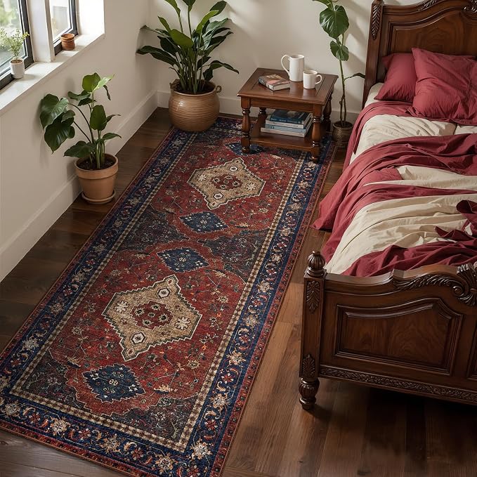 Tangsoo Red 2x5 Washable Runner Rug for Hallways, Non Slip Oriental Runner Rugs, Soft Low Pile Long Rug Runner, Vintage Carpet Runners for Kitchen Bedroom Entryway Bathroom Living Room Red/Beige