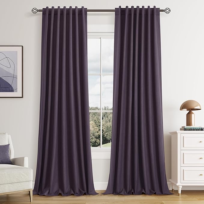 Guken 100% Blackout Curtains 108 Inch Length 2 Panels Set for Living Room Bedroom Back Tab Thermal Insulated Black Out Linen Drapes Room Darkening Window Curtains 108 Inches Long,Plum