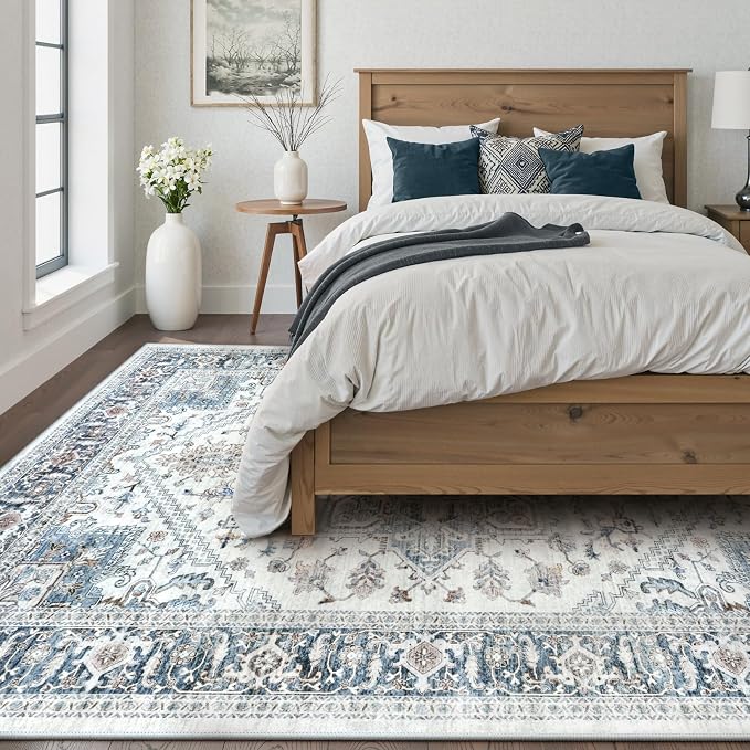 LIVEBOX Washable Area Rug 8x10 - Large Blue Vintage Tribal Living Room Rug Oriental for Bedroom, Non-Slip Retro Medallion Carpet Print Distressed for Dining Room Guest Office