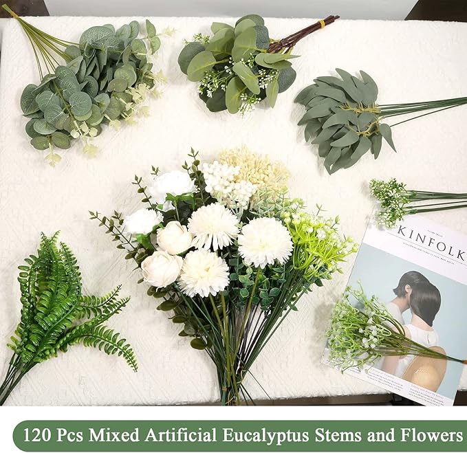 120Pcs 15 Kinds Mixed Artificial Eucalyptus Leaves Stems and Faux Flowers Bulk, Fake Silver Dollar Eucalyptus Bundle Plants Greenery Branches for Wedding Vase Bouquets Floral Arrangement Home Decor