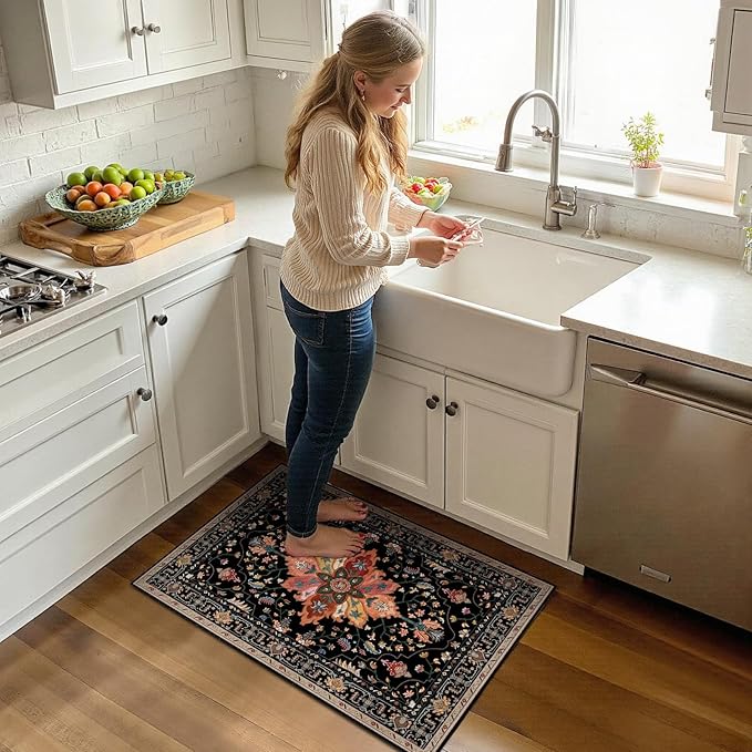 RELEANY Area Rugs 2'x3' Kitchen Rugs Entry Rug Small Rugs for Entryway Kitchen Bathroom Door Mat Indoor Entrance,Washable Non Slip, Black Colorful Floral Dark Tan