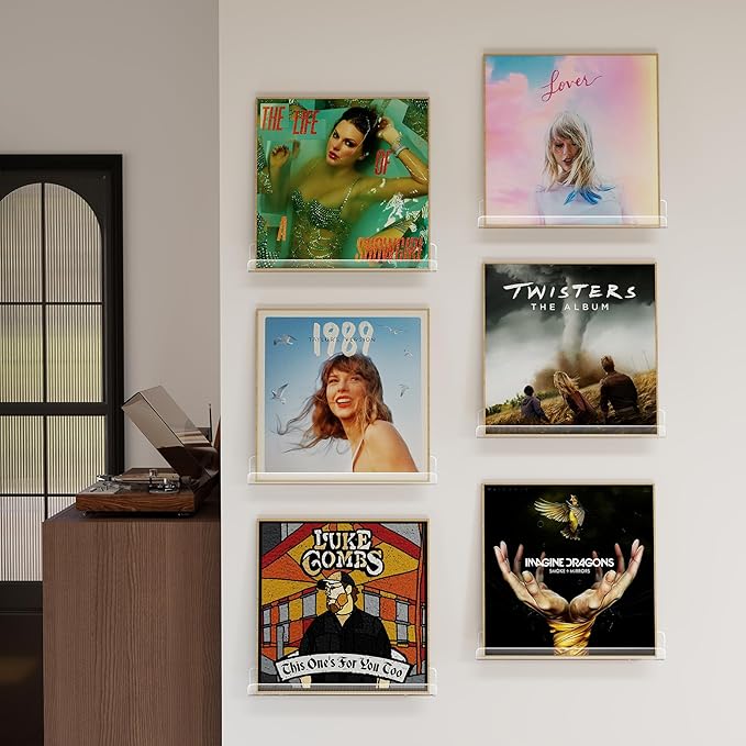 Laurensory Vinyl Record Shelf Wall Mount, 12 inch Clear Acrylic Album Record Holder Display, Floating Shelves for Wall, Magazine Shelf, Kids Bookshelf, Suitable for Bedroom, Living Room, etc.—6 Pack