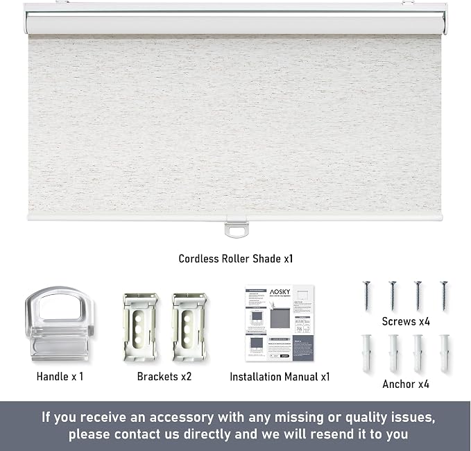 Cordless Roller Shades Blackout Blinds for Windows Room Darkening Rolled Up Shades with Spring System, UV Protection Natural Linen Fabric Window Shades Door Blinds for Home（21" W x 72" H, Linen Cream