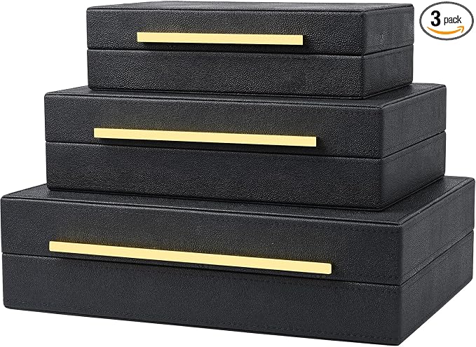 Black Shagreen Box Faux Leather Set Of 3 Pcs Storage Decorative Boxes,Modern Stacking Decorative Boxes with Lids For Home Decor Coffee Table Top Storage Jewelry Box Organizer