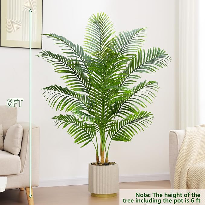 Artificial Palm Tree Plant 6FT Tall Fake Tropical Palm Tree in Pot, Real Bark Design Faux Areca Palm Tree for Home Office Living Room Bedroom Farmhouse Modern Indoor Outdoor Topiary Tree (18 Trunks)