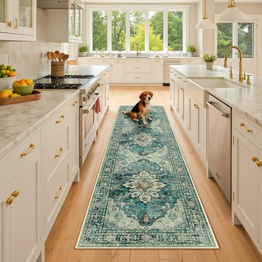 RELEANY Area Rugs 2'x8' Runner Rug Non Slip Washable for Kitchen Hallway Bedroom Beside Laundry Room Bathroom Rug, Floor Carpet, Dark Blue Vintage