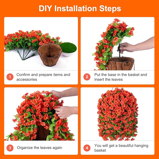 Ammyoo Artificial Faux Hanging Flowers Basket for Fall Outdoor Porch Decor, Fake Silk Colorful Morning Glory Eucalyptus in Planter UV Resistant Look Real for Home Balcony Yard(Orange)