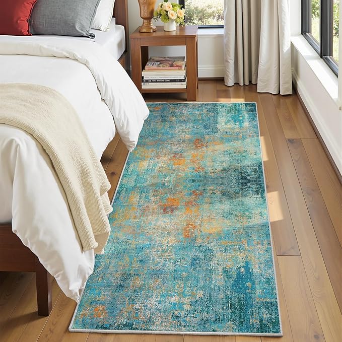 RELEANY Washable Area Rugs 2'x6' Non-Slip Modern Abstract Soft for Living Room Entryway Bedroom Nursery, Print Pattern, Teal Blue Green Orange Rust Red Coloreful
