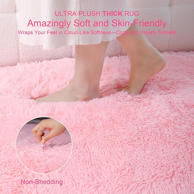 KICHOWUA Thick Area Rugs 6x9 Pink Fluffy Shag for Girls Bedroom, Soft Plush Fuzzy Washable Thickened Non-Slip Large Carpet for Living Room, Modern Shaggy Furry Rugs for Toddler Nursery Kids Dorm Room