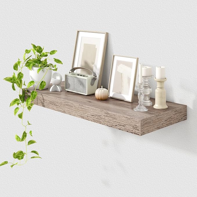 FLYJOE 30'' Grey Floating Shelves, 12 Inch Deep Shelves for Wall Set of 1 | 30'' x 12'' Rustic Grey Wood Shelves for Framhouse Living Room Bathroom Kitchen Laundry Room