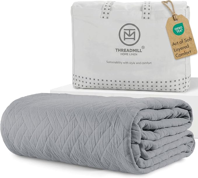 Threadmill Luxury Cotton Blankets for Queen Size Bed | All-Season 100% Cotton Queen Size Blanket | Jacquard Cozy Lightweight, Soft Breathable Coverlet fits Full Size Bed, 90x92 | Scottish Grey
