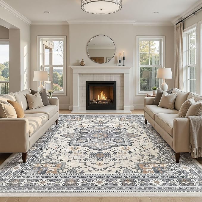 UERMEI 10x12 Area Rug Living Room Rugs - Washable Vintage Soft Large Rug Indoor Floor No Slip Rug Carpet for Bedroom Farmhouse Under Dining Table Home Office Decor - Grey-Orange