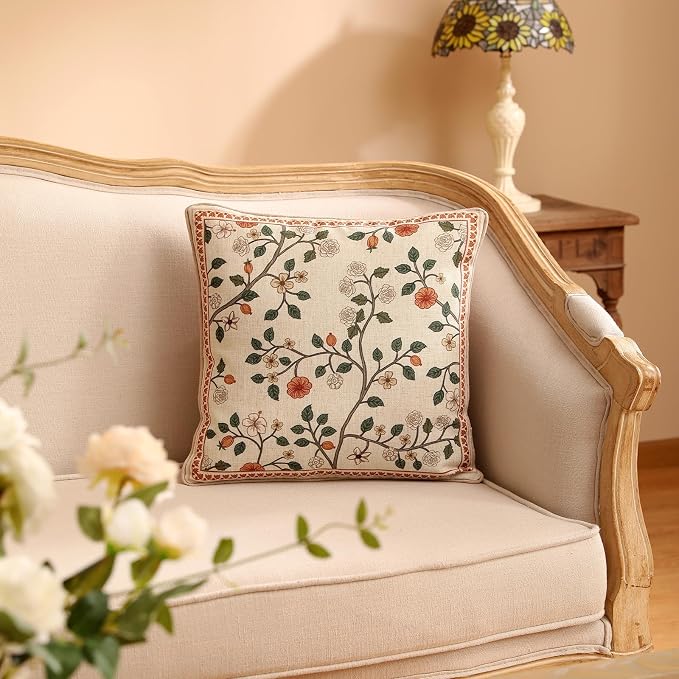 ISAENNE Designer Elegant Vintage Linen Throw Pillow Cover,18"x18"-Flora A | French Square Decor Pillow Cover,Concealed Zipper Design,Floral Pattern,Sofa,Bedroom,Living Room,Lounge Chairs