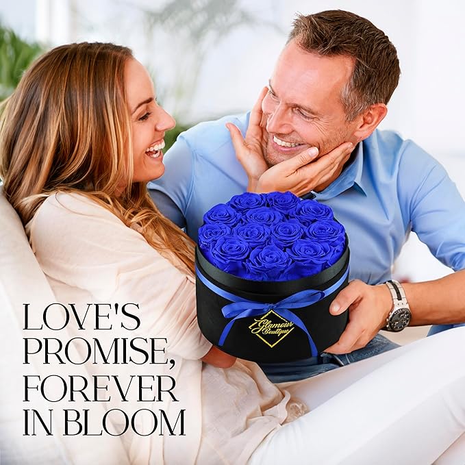 GLAMOUR BOUTIQUE Flowers Forever Gift Box, 12 Real Preserved Roses in Velvet Black Box, Floral Gift for Wife, Mom or Her for Birthday, Mother’s Day, Anniversary or Graduation, Blue (Color-Treated)