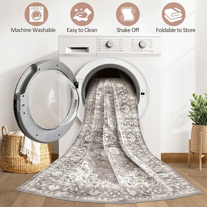 6x8 Area Rug Living Room: Washable Boho Large Neutral Vintage Soft Rug Stain Resistant Farmhouse Non-Slip Indoor Rustic Floor Carpet for Bedroom Nursery Kids Playroom Office Dining Room- Dark Brown