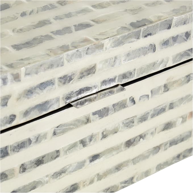 Deco 79 Mother of Pearl Shell Geometric Handmade Decorative Box Linear Mosaic Storage Decorative Keepsake Box with Cream Underlay, Set of 2 Storage Box 12", 8"W, Cream